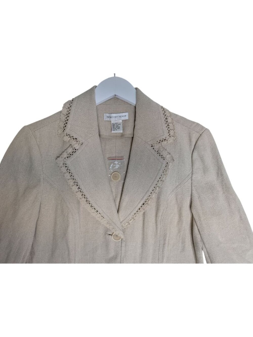 New Beige Linen Cotton Blend Lace Trim Blazer Jacket 3/4 Sleeves Newport News Si - Picture 9 of 13